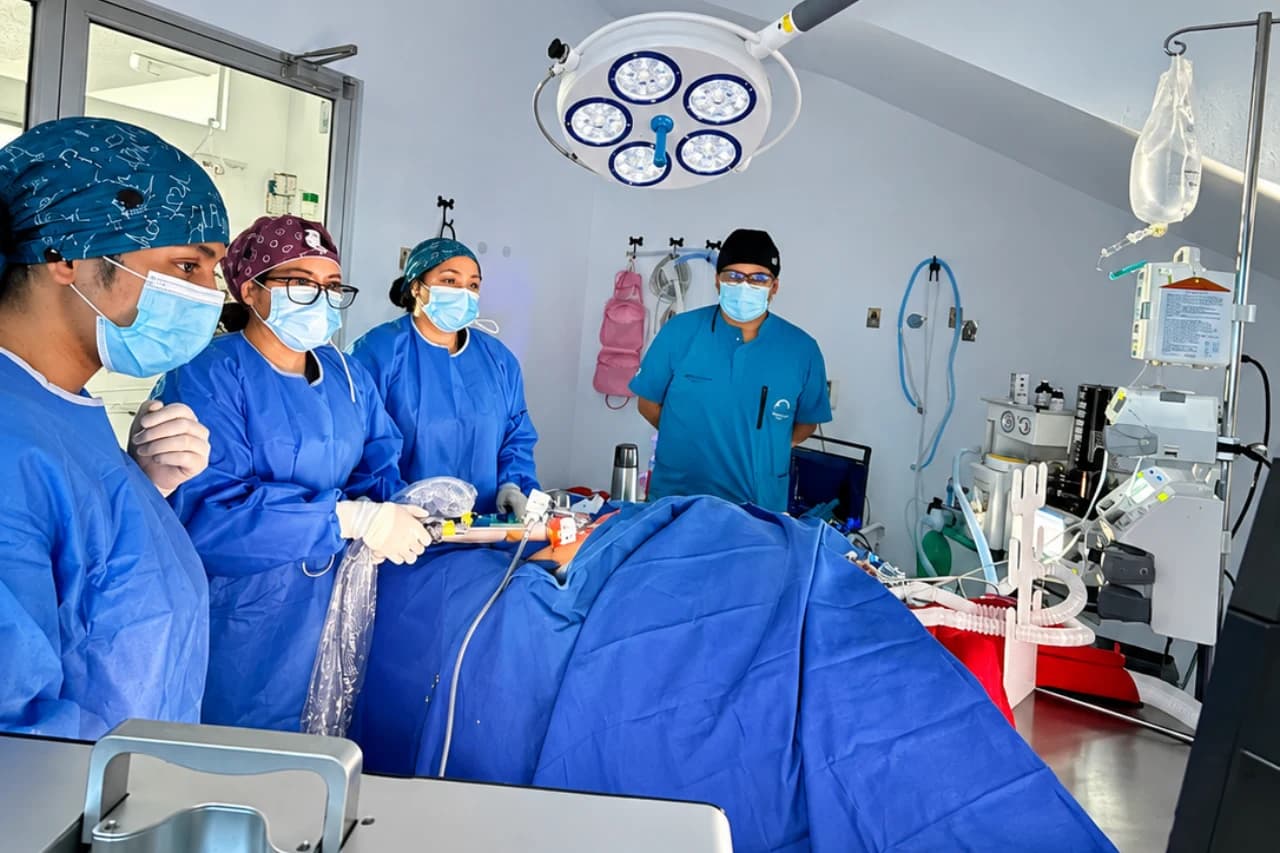 Equipo quirúrgico de Belvet durante una laparoscopia, con los monitores de imagen y el de constantes a la vista