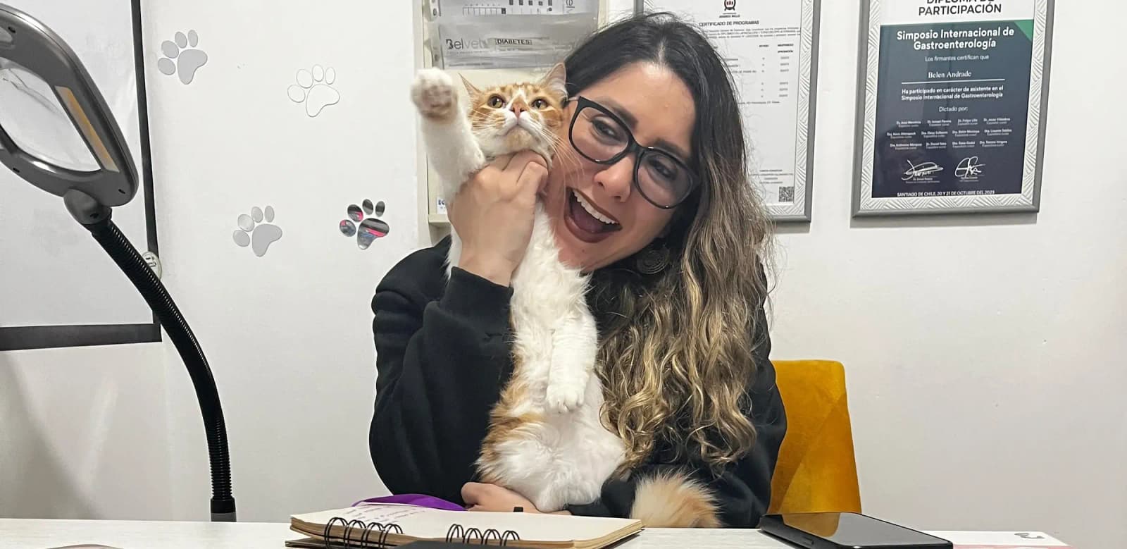 La Dra. Belén Andrade sonriendo con un gato en brazos en la sala de consulta de Belvet