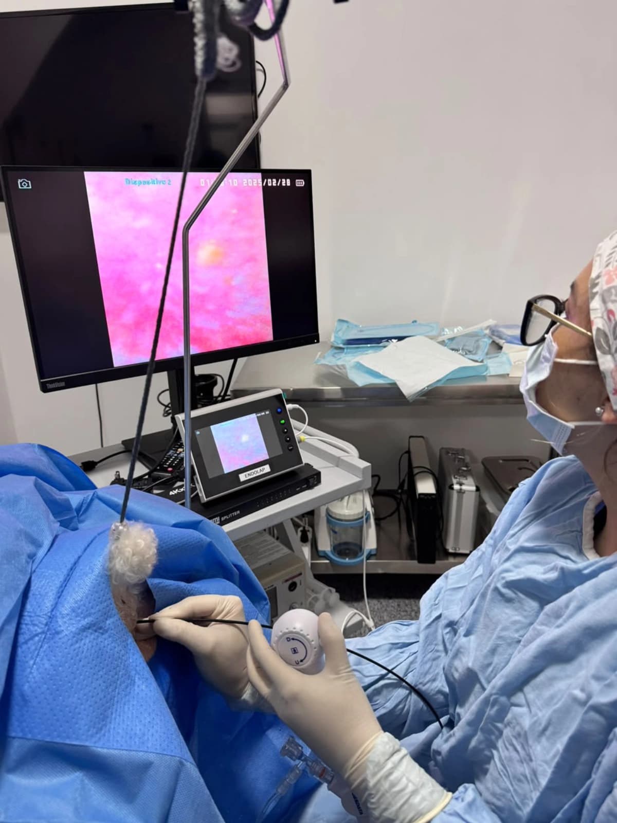Veterinaria manejando el endoscopio flexible, con la imagen en el monitor